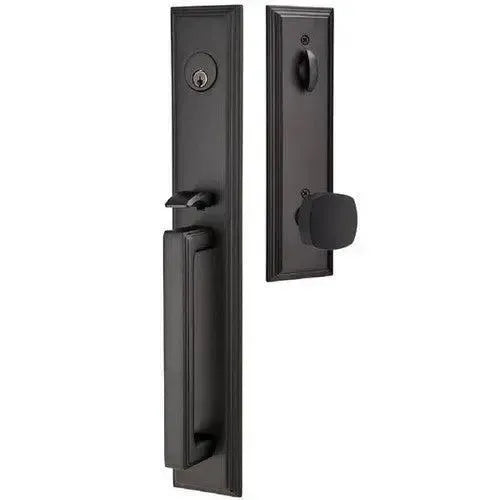 Emtek Melrose Tubular Entrance Handleset With Freestone Square Knob in Flat Black finish