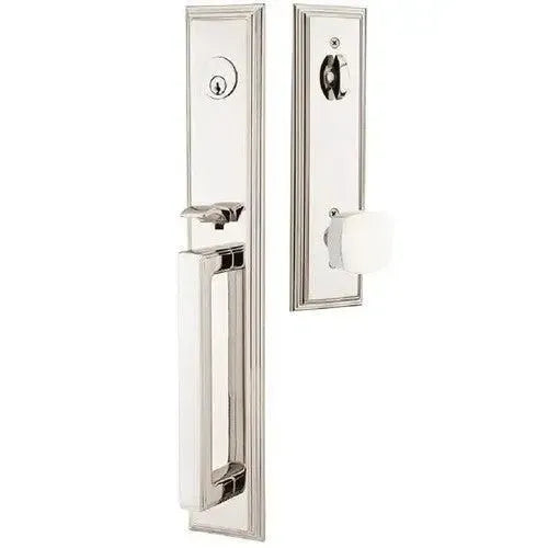 Emtek Melrose Tubular Entrance Handleset With Freestone Square Knob in Lifetime Polished Nickel finish