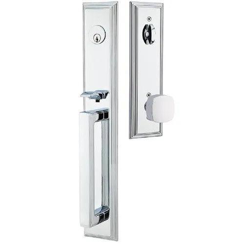 Emtek Melrose Tubular Entrance Handleset With Freestone Square Knob Polished Chrome
