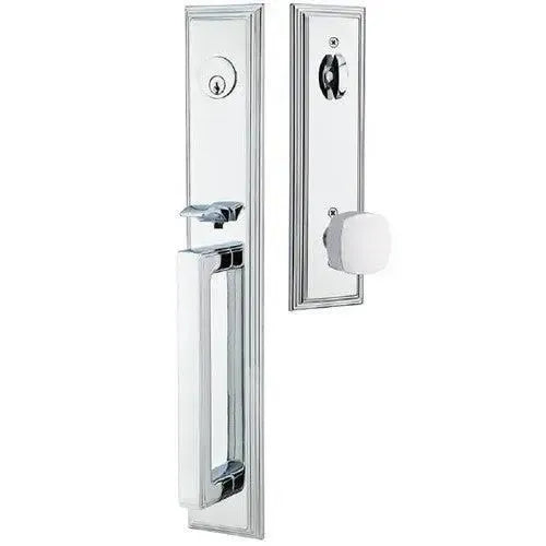 Emtek Melrose Tubular Entrance Handleset With Freestone Square Knob in Polished Chrome finish