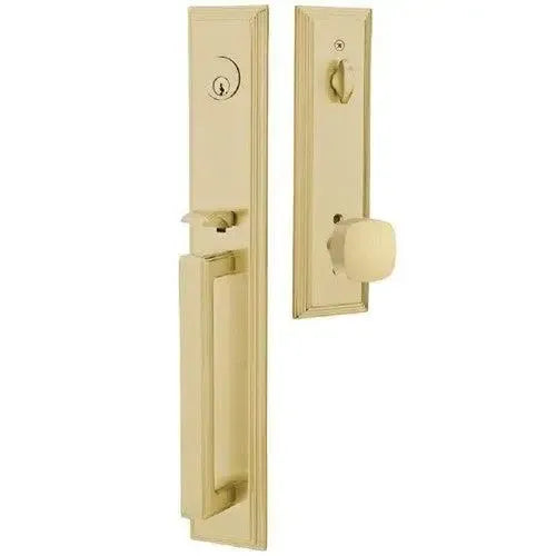 Emtek Melrose Tubular Entrance Handleset With Freestone Square Knob in Satin Brass finish