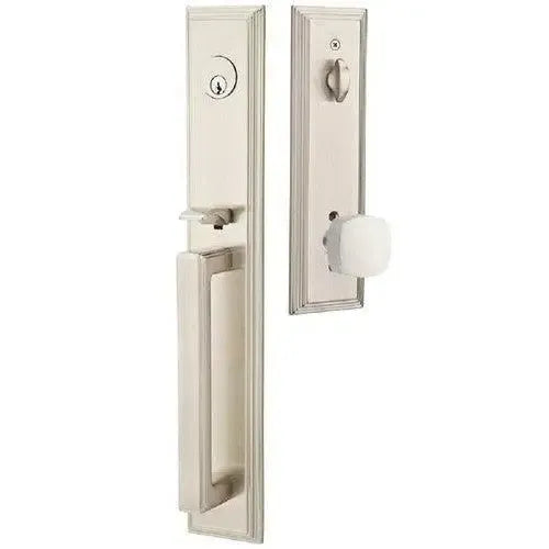 Emtek Melrose Tubular Entrance Handleset With Freestone Square Knob in Satin Nickel finish