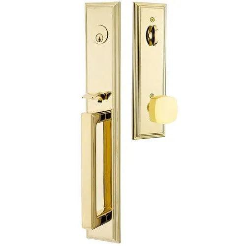 Emtek Melrose Tubular Entrance Handleset With Freestone Square Knob Unlacquered Brass