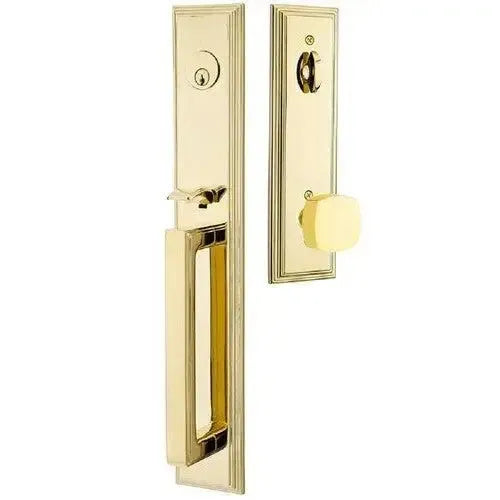 Emtek Melrose Tubular Entrance Handleset With Freestone Square Knob in Unlacquered Brass finish