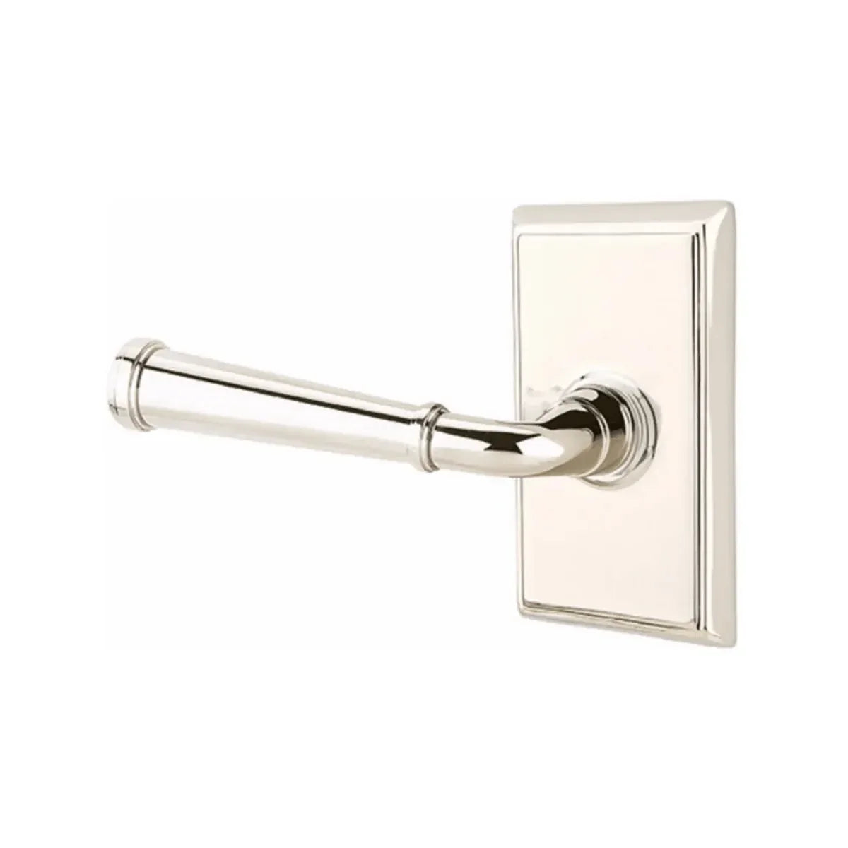The Emtek Merrimack Lever With Rectangular Rosette in Lifetime Polished Nickel finish
