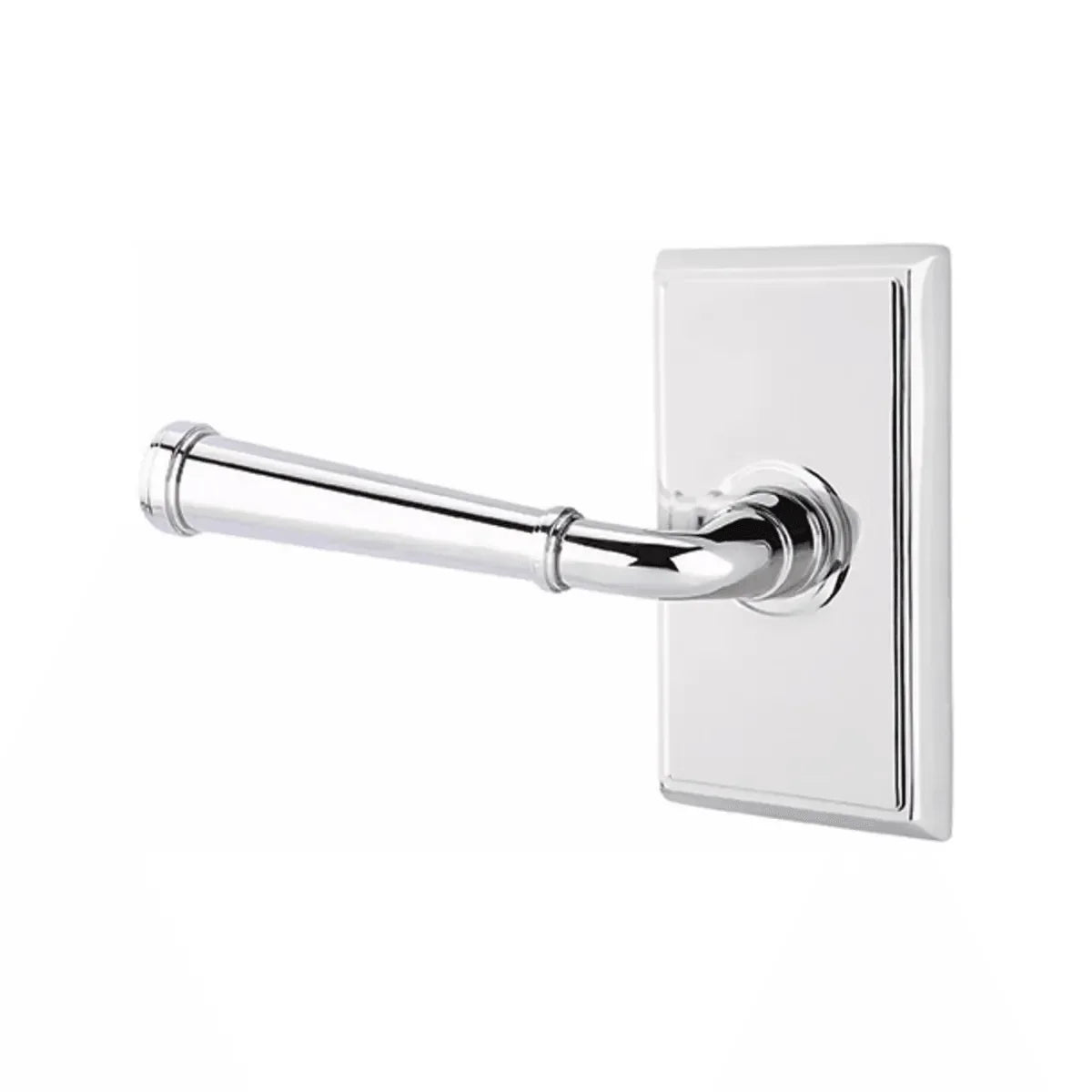 The Emtek Merrimack Lever With Rectangular Rosette in Polished Chrome finish
