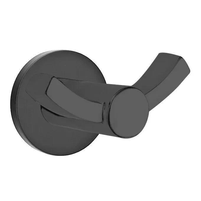 The Emtek Modern Brass Double Hook with Small Disc Rosette in Flat Black finish.