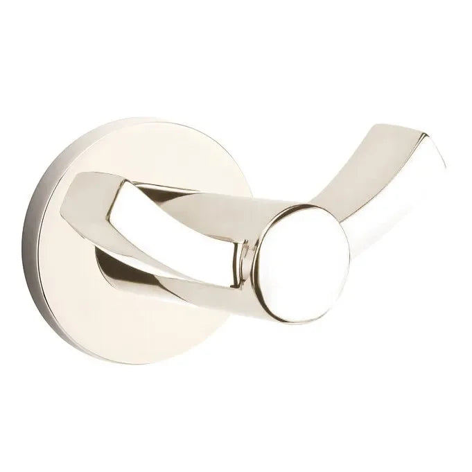 The Emtek Modern Brass Double Hook with Small Disc Rosette in Lifetime Polished Nickel finish.