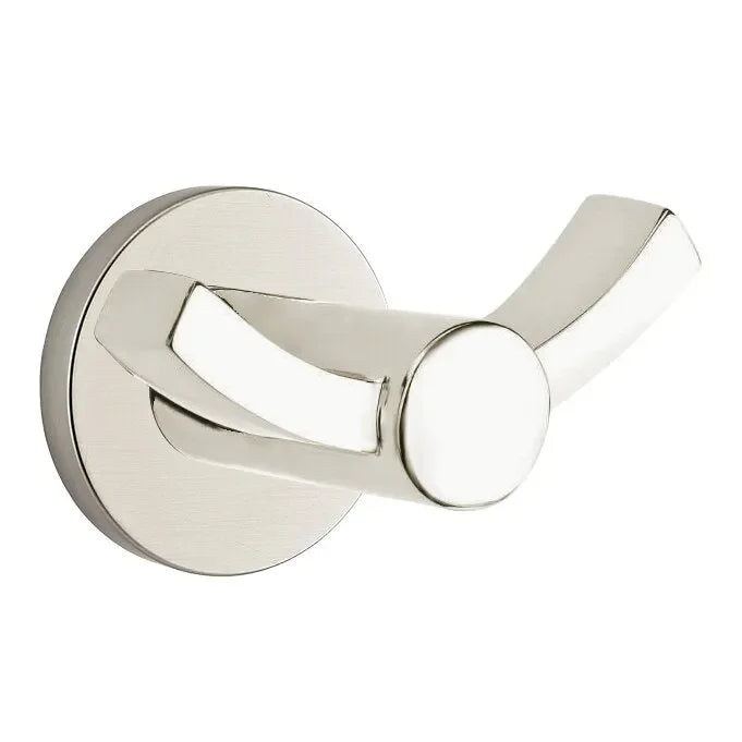 The Emtek Modern Brass Double Hook with Small Disc Rosette in Satin Nickel finish.