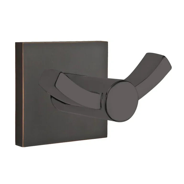 The Emtek Modern Brass Double Hook with Small Square Rosette in Oil Rubbed Bronze finish.