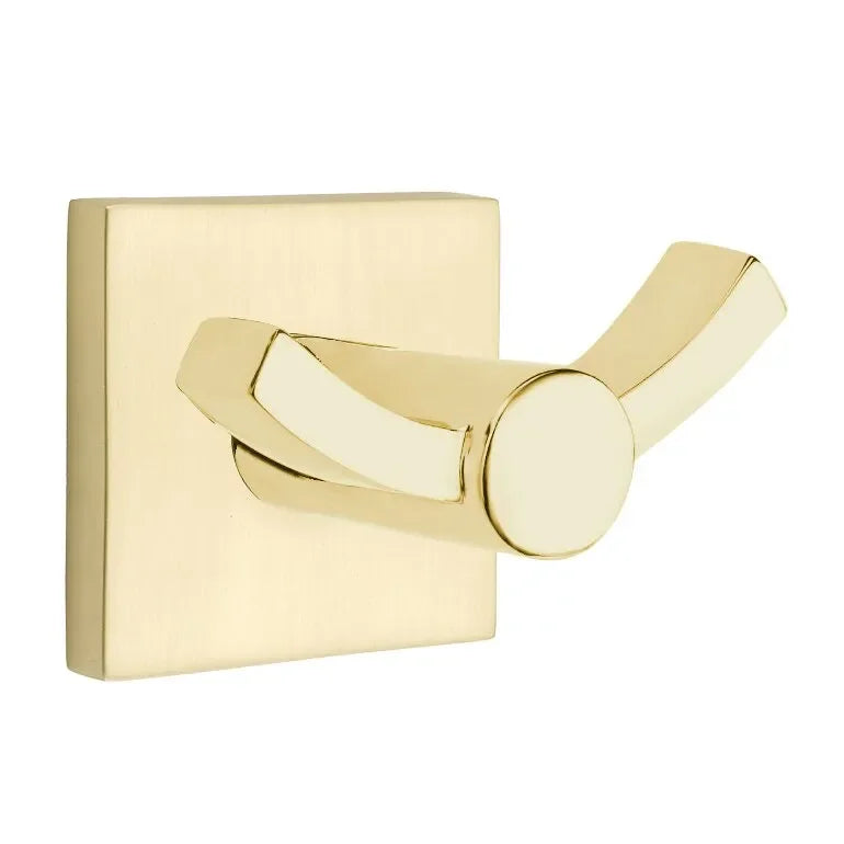 The Emtek Modern Brass Double Hook with Small Square Rosette in Satin Brass finish.