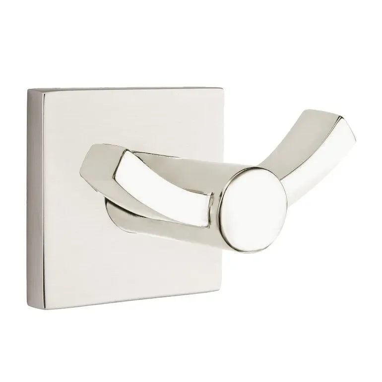 The Emtek Modern Brass Double Hook with Small Square Rosette in Satin Nickel finish.