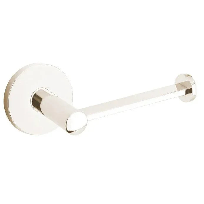 The Emtek Modern Brass Paper Holder - Bar Style with Small Disc Rosette in Lifetime Polished Nickel finish.