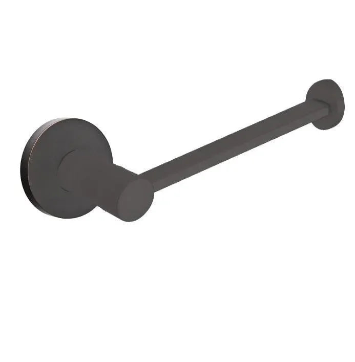 The Emtek Modern Brass Paper Holder - Bar Style with Small Disc Rosette in Oil Rubbed Bronze finish.