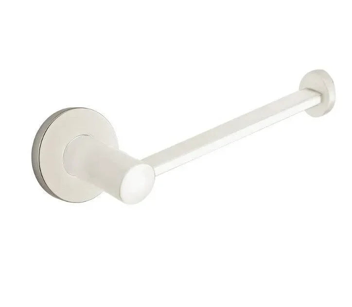 The Emtek Modern Brass Paper Holder - Bar Style with Small Disc Rosette in Satin Nickel finish.