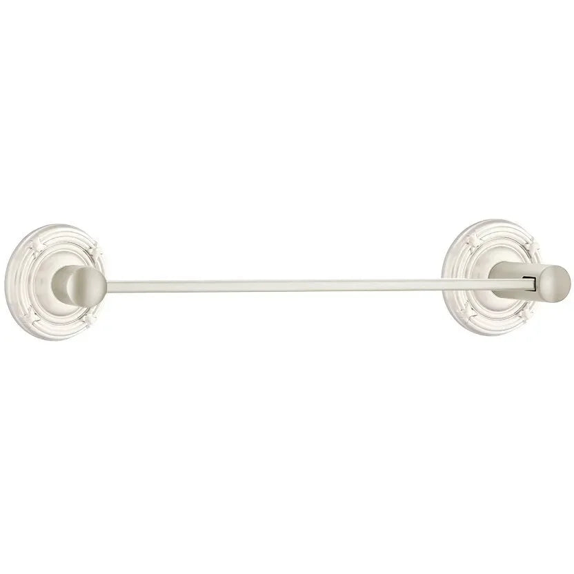 Emtek Modern Brass Towel Bar (24" Wide) With Ribbon & Reed Rosette in Satin Nickel finish