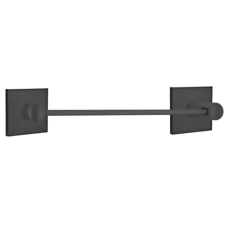 The Emtek Modern Brass Towel Bar with Square Rosette in Flat Black finish.