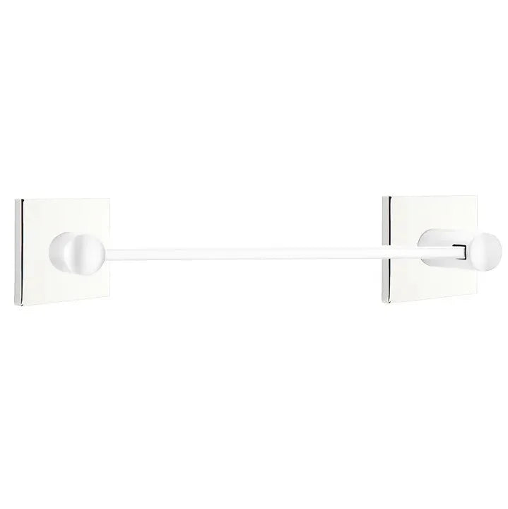 The Emtek Modern Brass Towel Bar with Square Rosette in Polished Chrome finish.