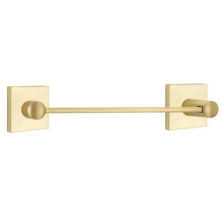 The Emtek Modern Brass Towel Bar with Square Rosette in Satin Brass finish.