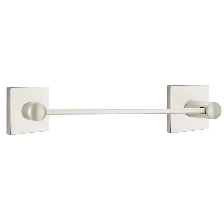 The Emtek Modern Brass Towel Bar with Square Rosette in Satin Nickel finish.