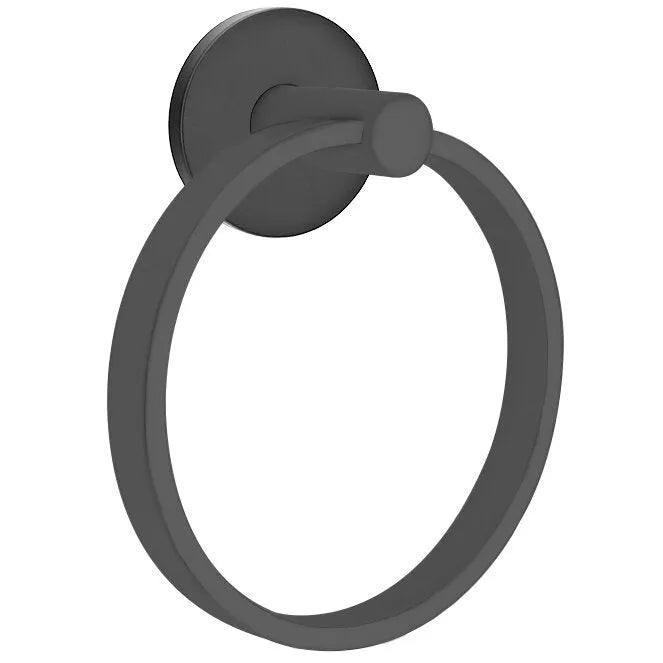 The Emtek Modern Brass Towel Ring with Small Disc Rosette in Flat Black finish.