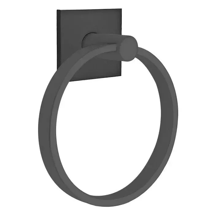 The Emtek Modern Brass Towel Ring with Square Rosette in Flat Black finish.