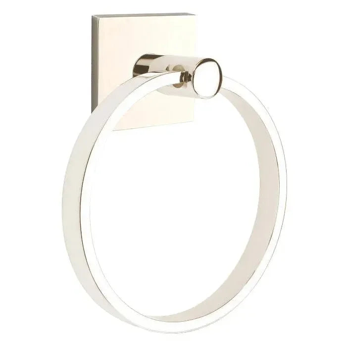 The Emtek Modern Brass Towel Ring with Square Rosette in Lifetime Polished Nickel finish.