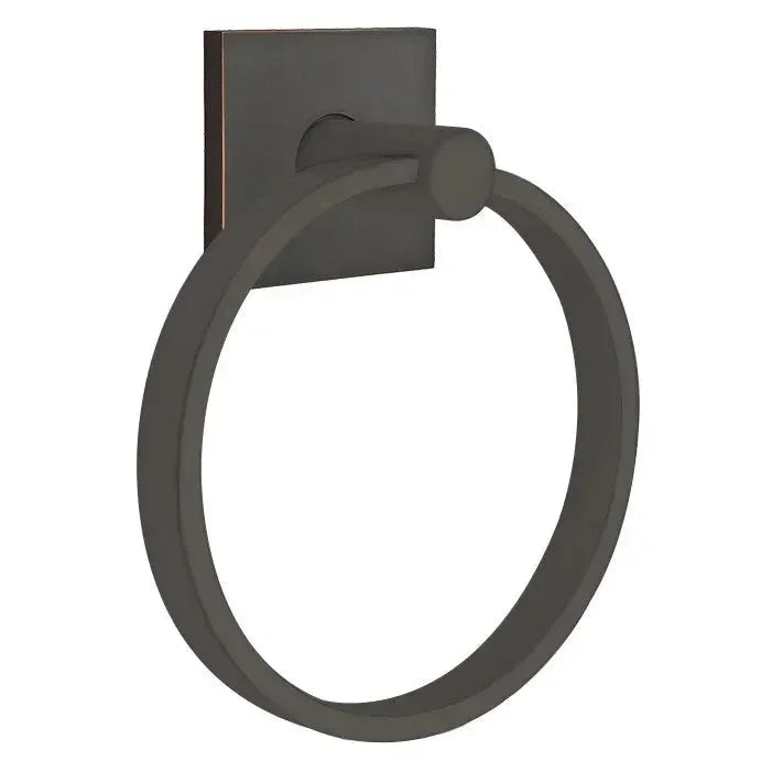 The Emtek Modern Brass Towel Ring with Square Rosette in Oil Rubbed Bronze finish.