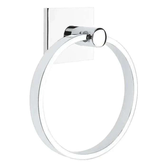 The Emtek Modern Brass Towel Ring with Square Rosette in Polished Chrome finish.
