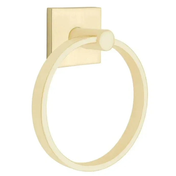 The Emtek Modern Brass Towel Ring with Square Rosette in Satin Brass finish.