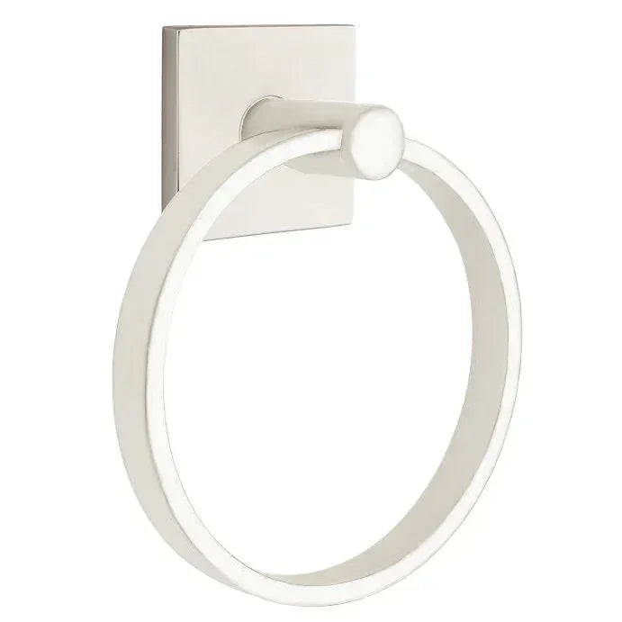 The Emtek Modern Brass Towel Ring with Square Rosette in Satin Nickel finish.