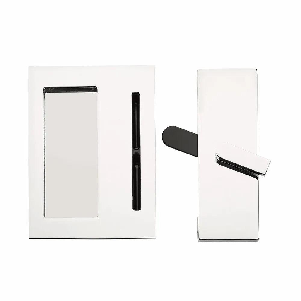 The Emtek Modern Rectangular Barn Door Privacy Lock and Flush Pull with Integrated Strike in Polished Chrome finish