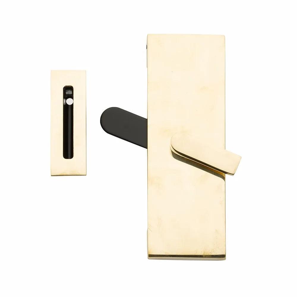 Emtek Modern Rectangular Barn Door Privacy Lock with Strike Unlacquered Brass