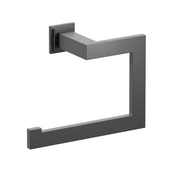 Emtek Modern Rectangular Brass Towel Ring with Step Square Rosette in Flat Black finish