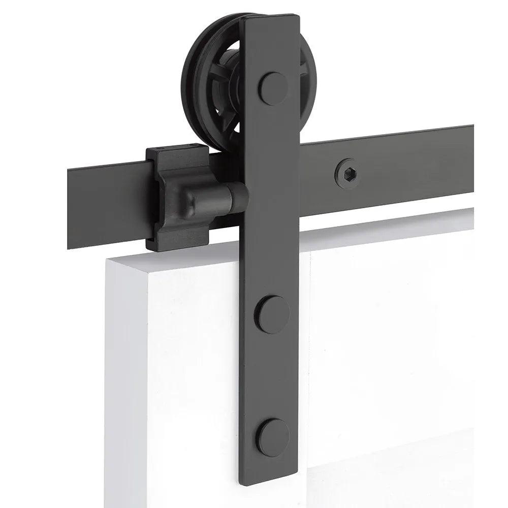 The Emtek Modern Rectangular Face Mount Hanger 5' Track with Spoked Wheel & Flat Fastener in Flat Black finish