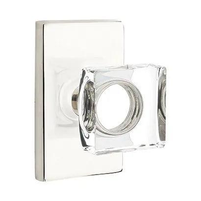 Emtek Modern Square Crystal Knob with Modern Rectangular Rosette in Lifetime Polished Nickel finish