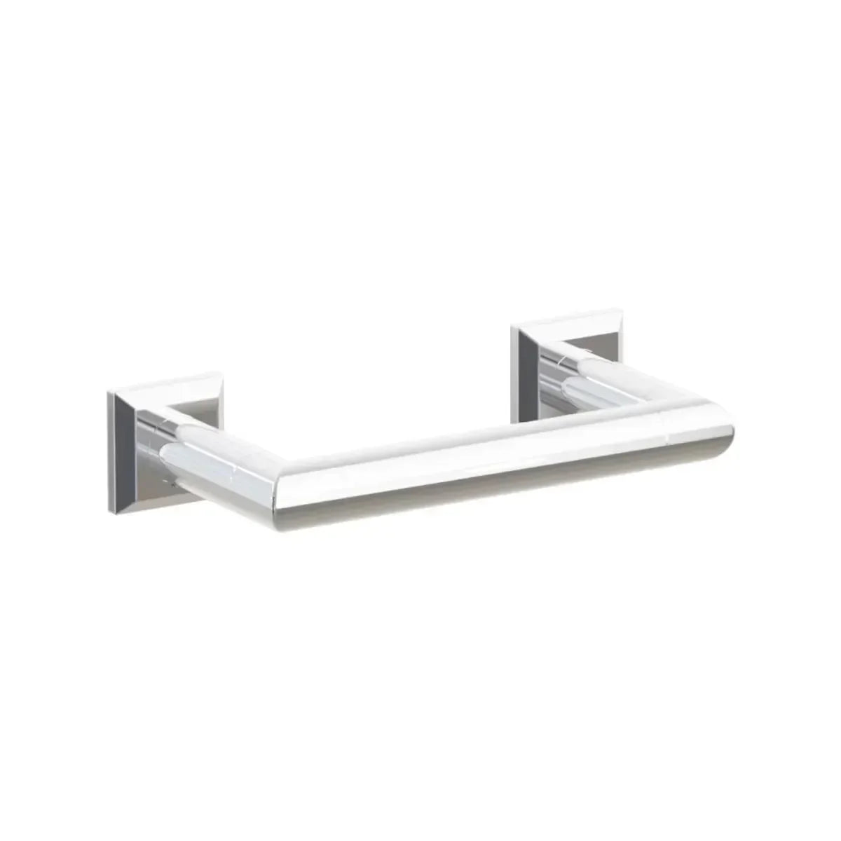 The Emtek Modern Tubular Brass Paper Holder - Pivoting Double Post with Chamfered Square Rosette in Polished Chrome finish.