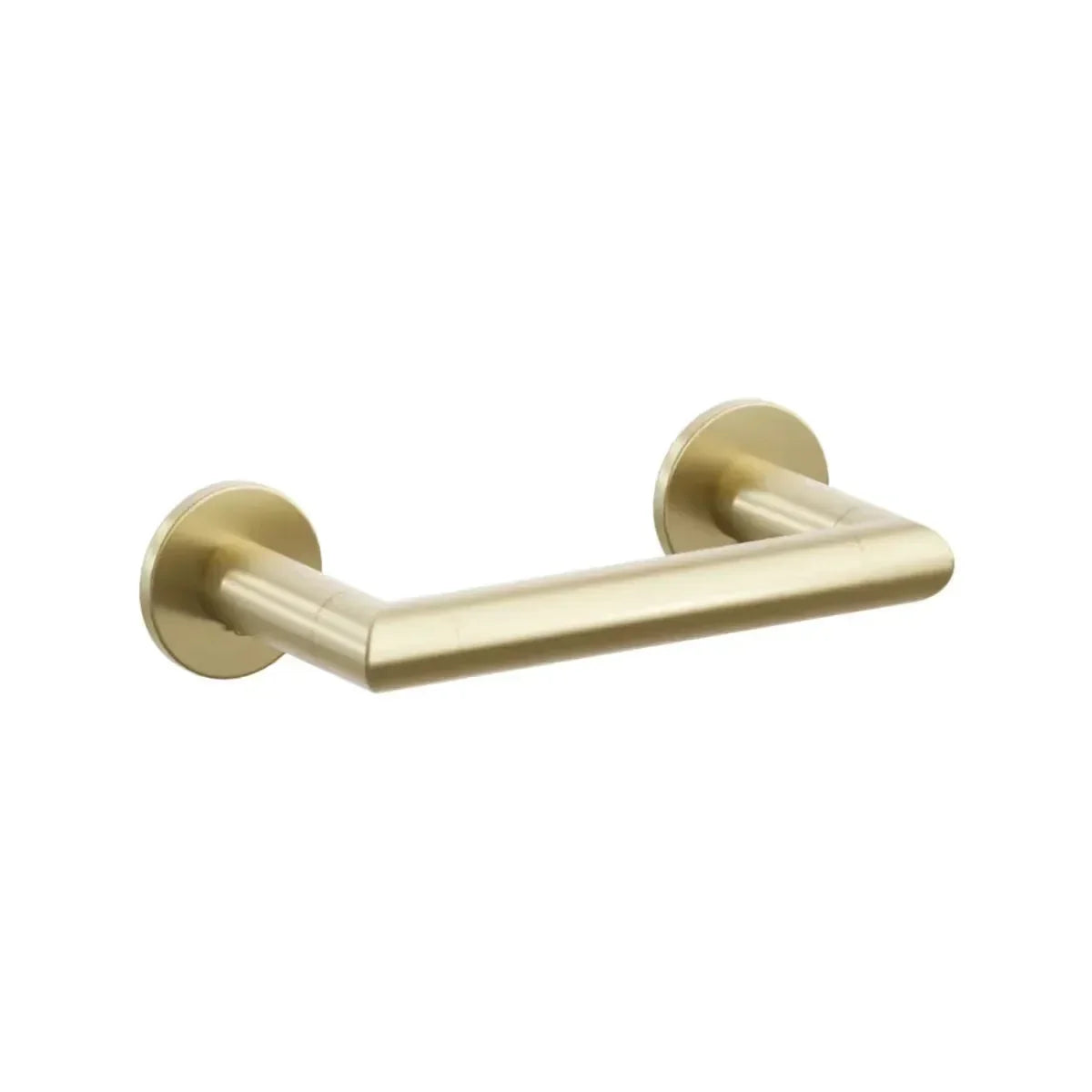 The Emtek Modern Tubular Brass Paper Holder - Pivoting Double Post with Small Disc Rosette in Satin Brass finish.