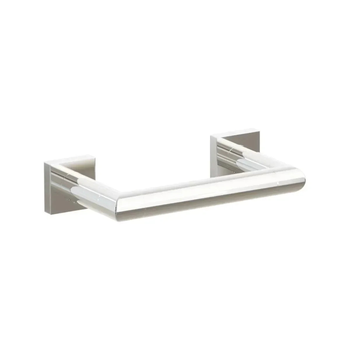 The Emtek Modern Tubular Brass Paper Holder - Pivoting Double Post with Small Square Rosette in Lifetime Polished Nickel finish.