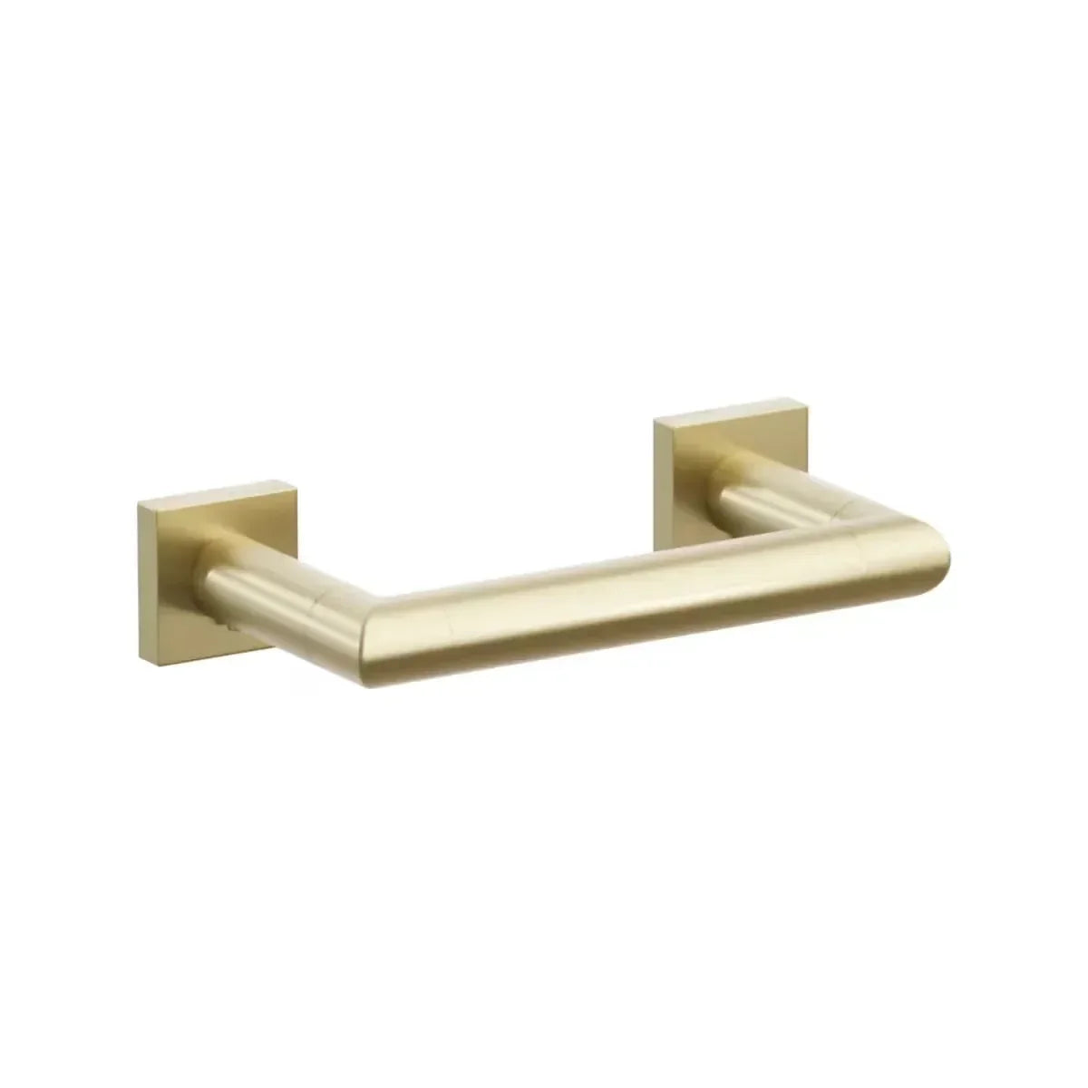 The Emtek Modern Tubular Brass Paper Holder - Pivoting Double Post with Small Square Rosette in Satin Brass finish.