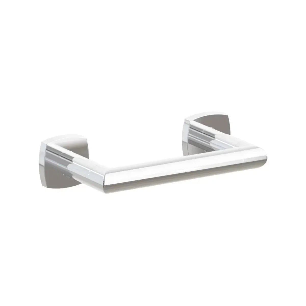 The Emtek Modern Tubular Brass Paper Holder - Pivoting Double Post with Soft Square Rosette in Polished Chrome finish.