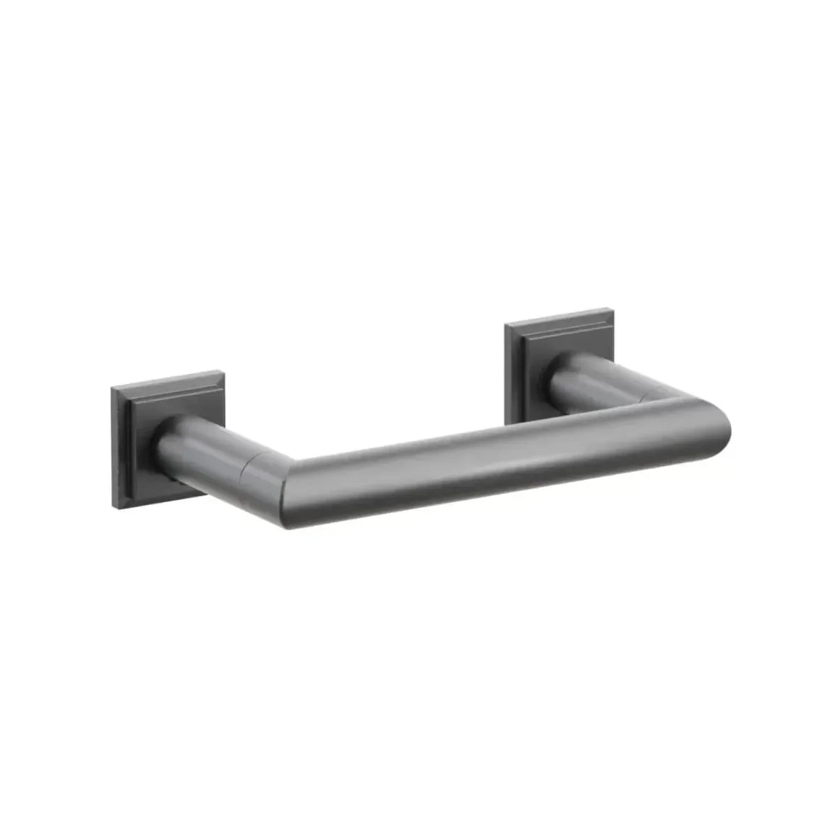 The Emtek Modern Tubular Brass Paper Holder - Pivoting Double Post with Step Square Rosette in Oil Rubbed Bronze finish.
