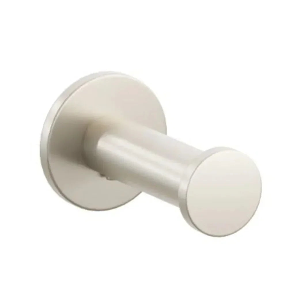 The Emtek Modern Tubular Brass Single Robe Hook with Small Disc Rosette in Satin Nickel finish.