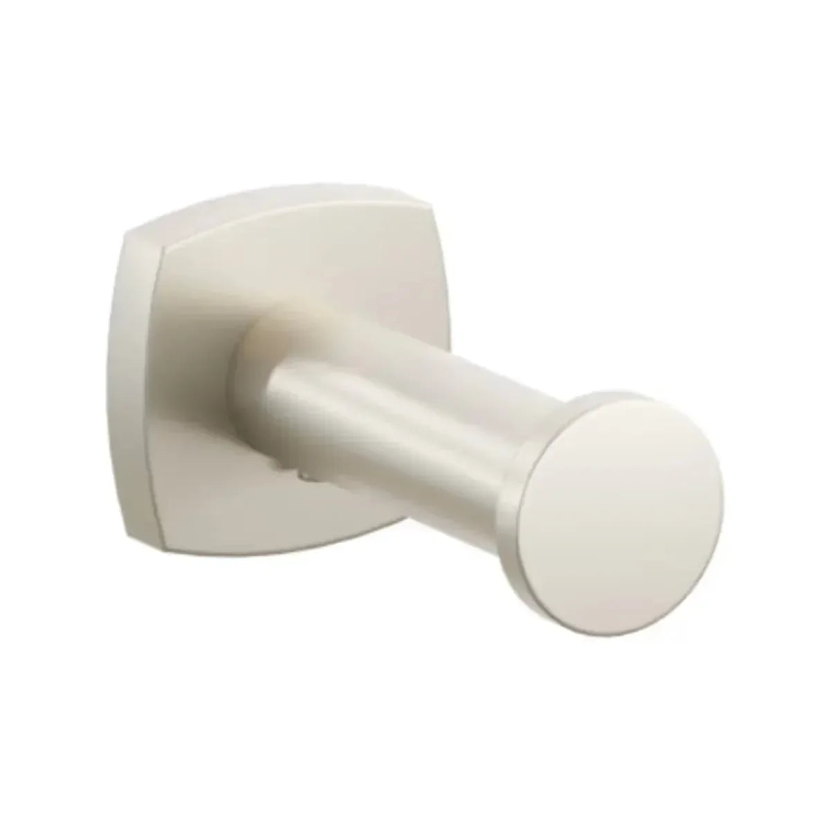 The Emtek Modern Tubular Brass Single Robe Hook with Soft Square Rosette in Satin Nickel finish.