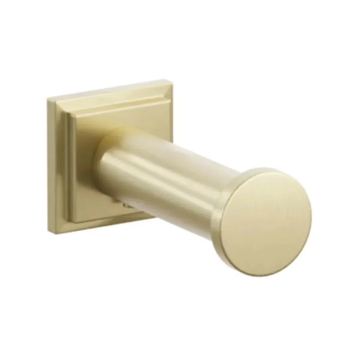 The Emtek Modern Tubular Brass Single Robe Hook with Step Square Rosette in Satin Brass finish.