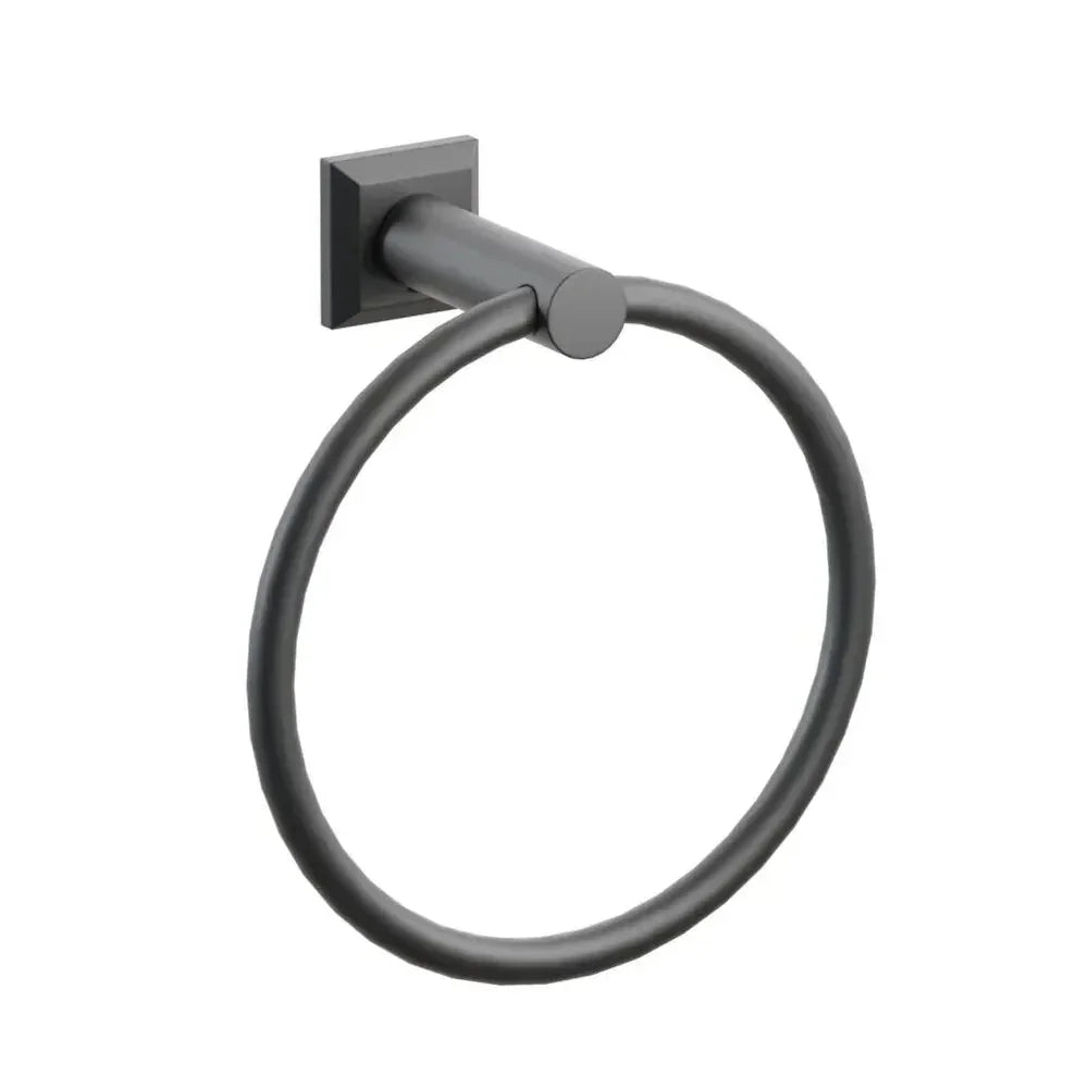 The Emtek Modern Tubular Brass Towel Ring with Chamfered Square Rosette in Flat Black finish.