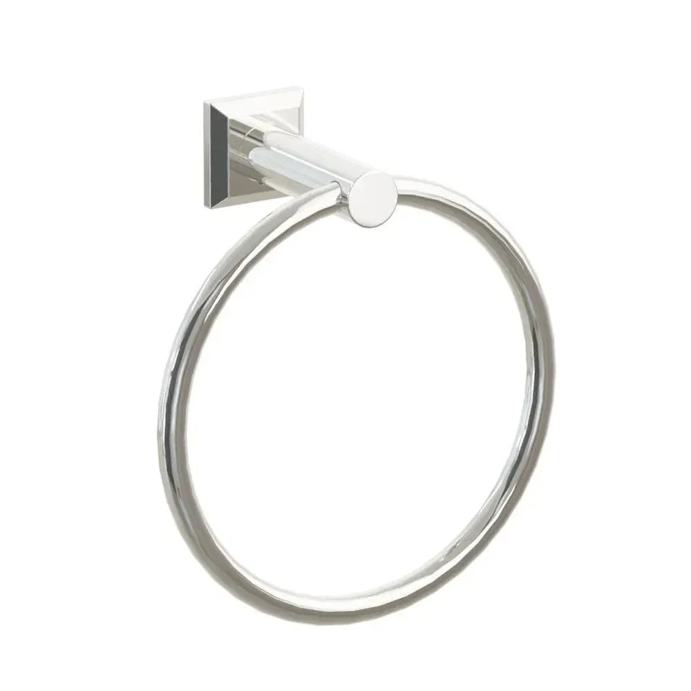 The Emtek Modern Tubular Brass Towel Ring with Chamfered Square Rosette in Lifetime Polished Nickel finish.