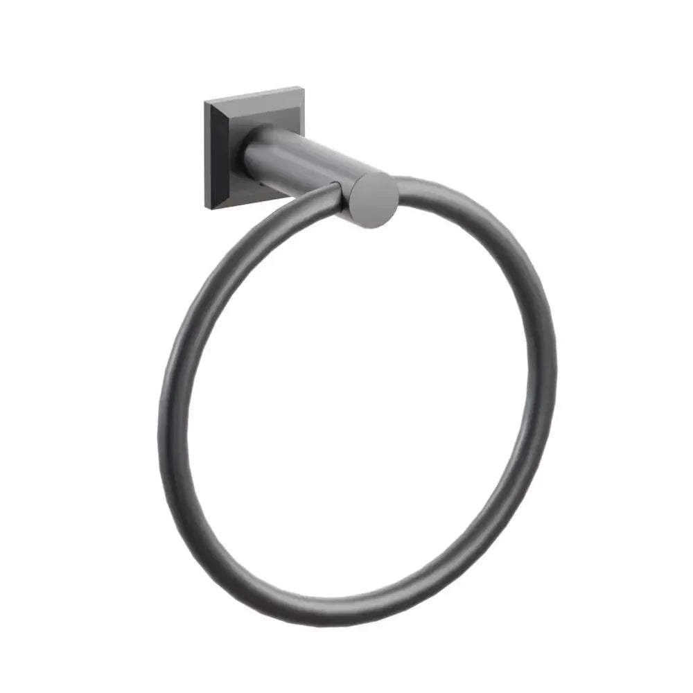The Emtek Modern Tubular Brass Towel Ring with Chamfered Square Rosette in Oil Rubbed Bronze finish.