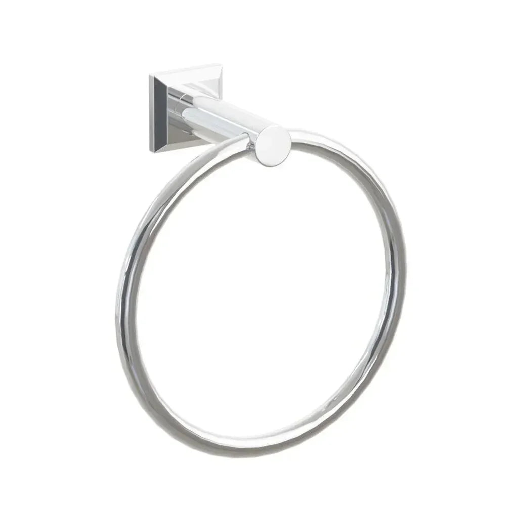 The Emtek Modern Tubular Brass Towel Ring with Chamfered Square Rosette in Polished Chrome finish.