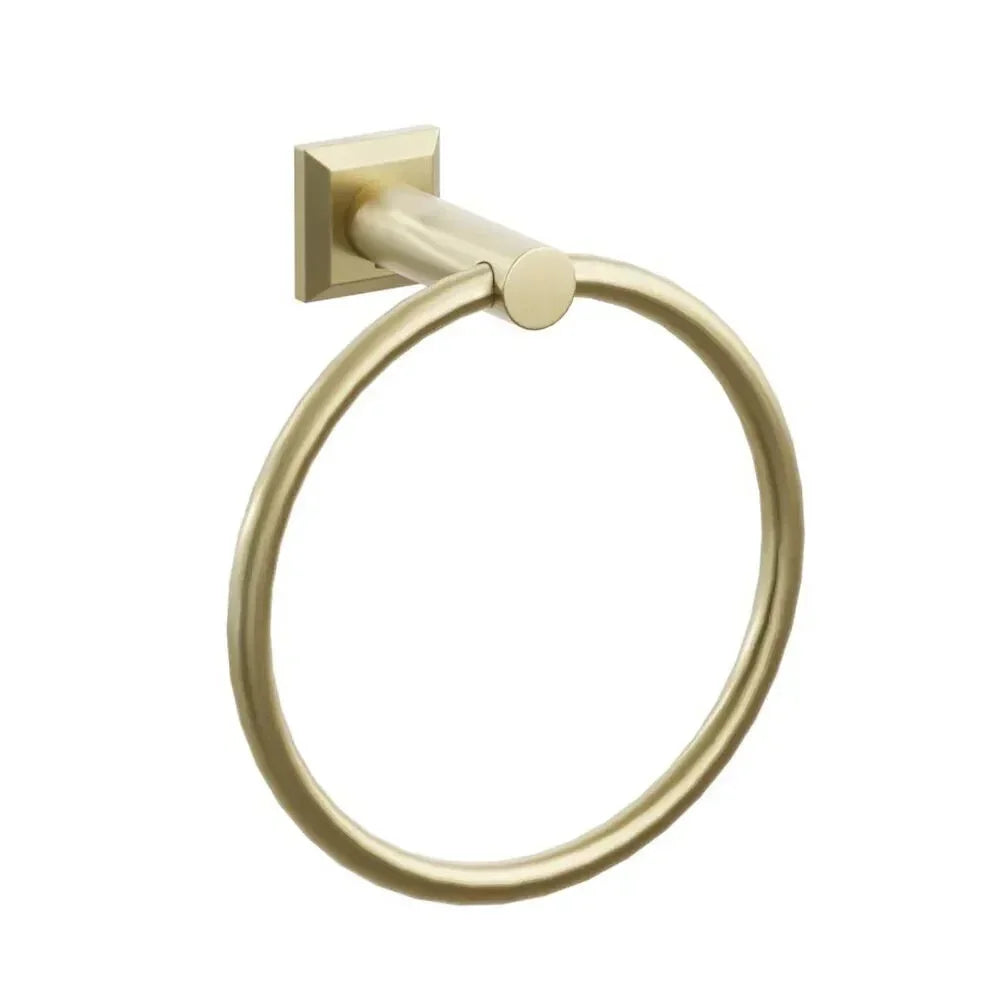 The Emtek Modern Tubular Brass Towel Ring with Chamfered Square Rosette in Satin Brass finish.